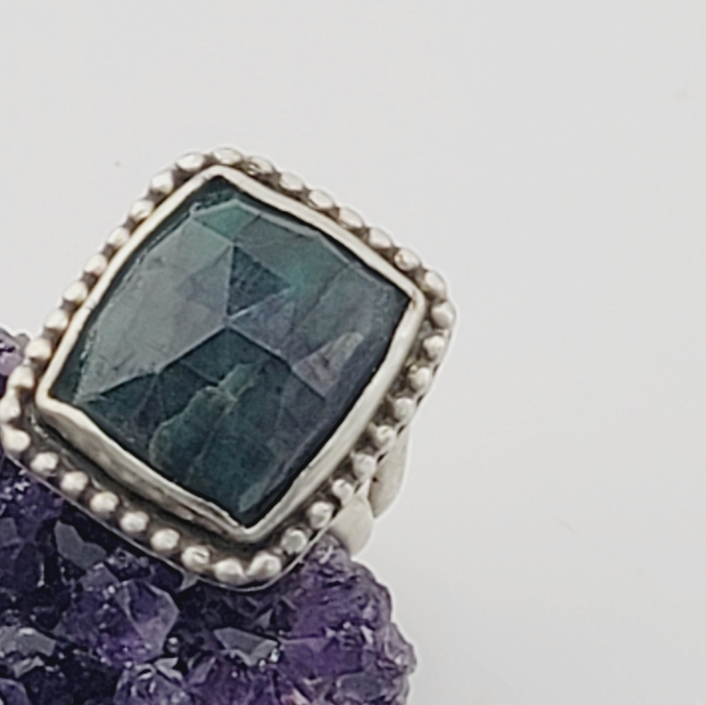 EMERALD SQUARE RING HANDMADE IN STERLING SILVER METAL SIZE 7.5